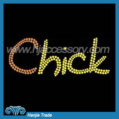 Fashion Garment Hot Fix Rhinestone Motif with Letter Chick Design