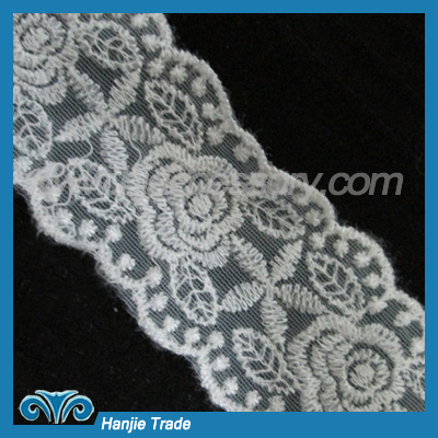 Bulk Embroidered Rose Lace Trim on White Mesh