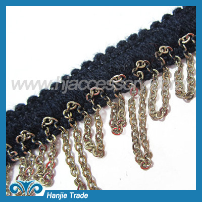 Hand Beaded Lace Trim with Metal Chain Black Gold Edge Dress Trim