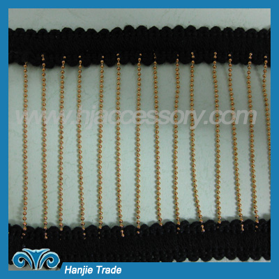 Latest Hand Beaded Lace Trim with Metal Chain Black Gold Edge Dress Trim