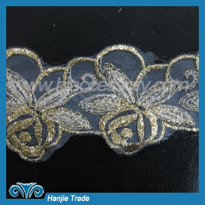 Bulk Gold Flower Embroidered Lace on White Mesh