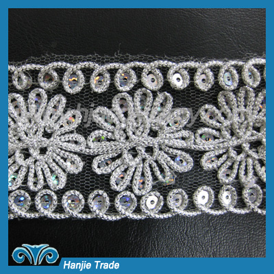 Paisley Hologram Silver Sequin Cord Lace Border