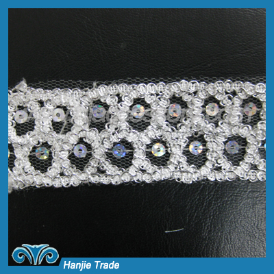 Paisley Hologram Silver Sequin Cord Lace Border