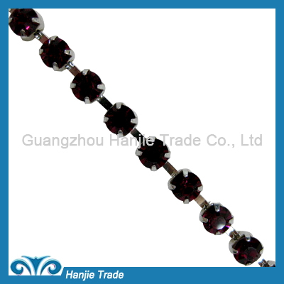 SS28 Silver Plating Fushcia Color Rhinestone Metal Chain