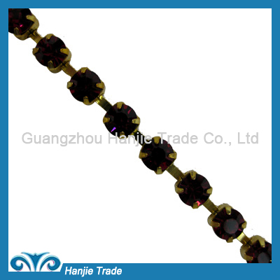 SS28 Gold Plating Fushcia Color Rhinestone Metal Chain