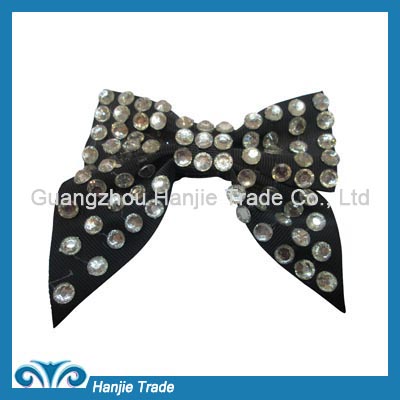 Girl black grosgrain ribbon bow with stone shoe decoration