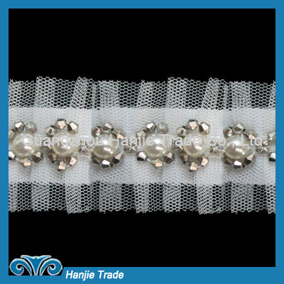 Beautiful sew on rhinestone lace trim for garment decoration